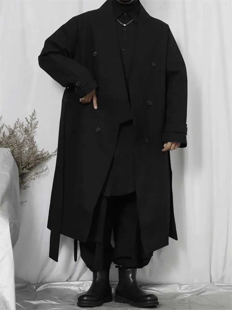 Mens long loose tie windbreaker 2022 spring fashion city trend new large double row button long knee casual jacket W241007