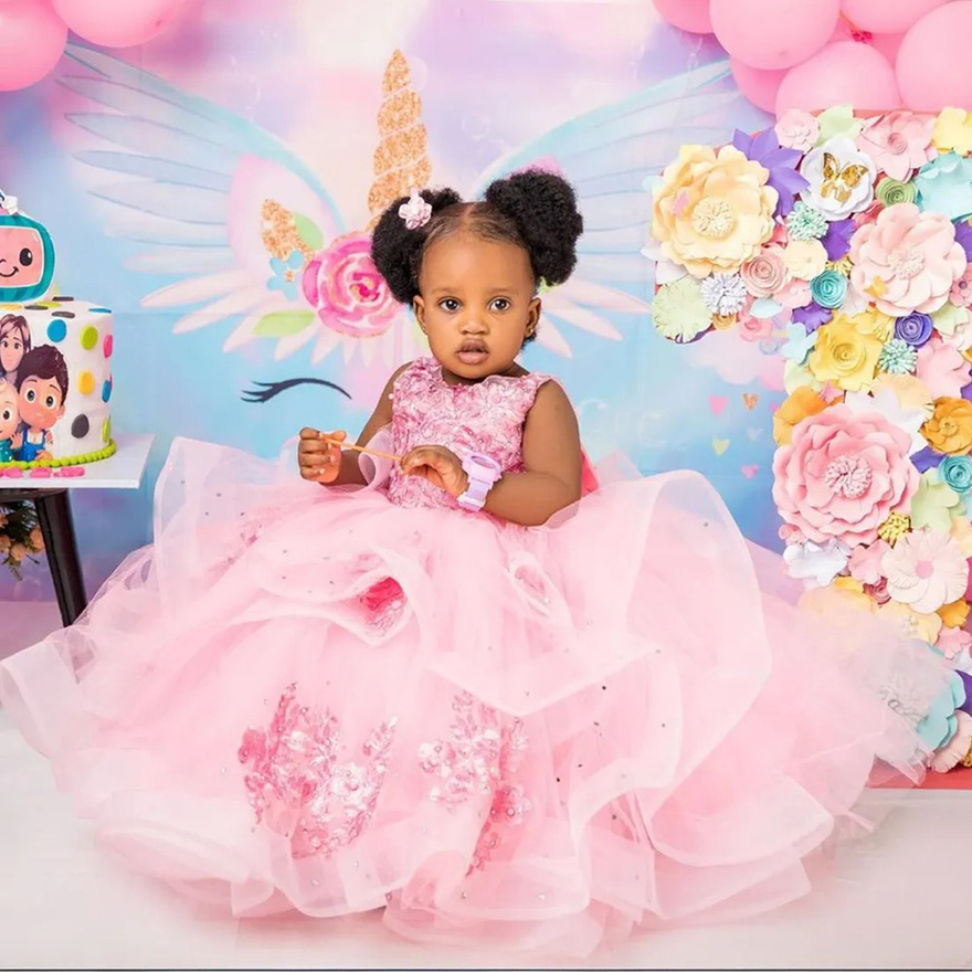 Pink Little Kids' Birthday Party wer Girl Dresses Beaded Tiered Tulle wergirl Dress Appliqued Lace Princess Queen Ball Gowns For Marriage