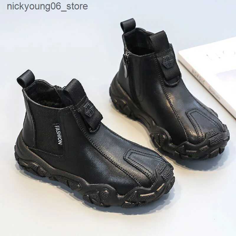 Boots Kids Leather Boots High Quality Plus Cotton Warm Winter Snow Boot Black Non-slip Soft Sole Boy Shoes Zipper Children Ankle Boots L240910