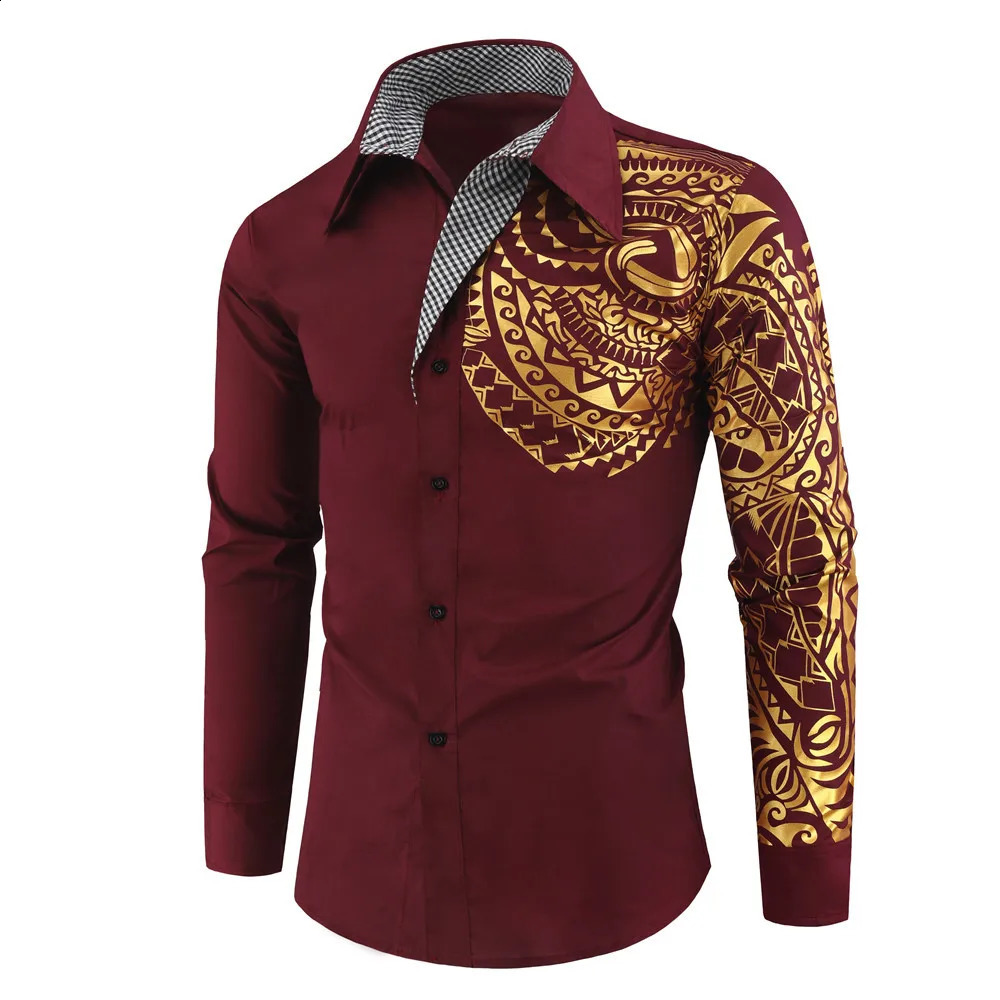 mens shirt gold stamping printed long sleeved ultra-thin fit lapel selling 241008