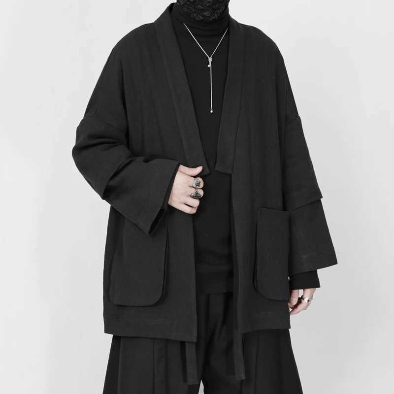 Large mens windproof tea suit cardigan wool sweater Han Fu 2023 new Chinese splicing design loose medium long jacket W241007