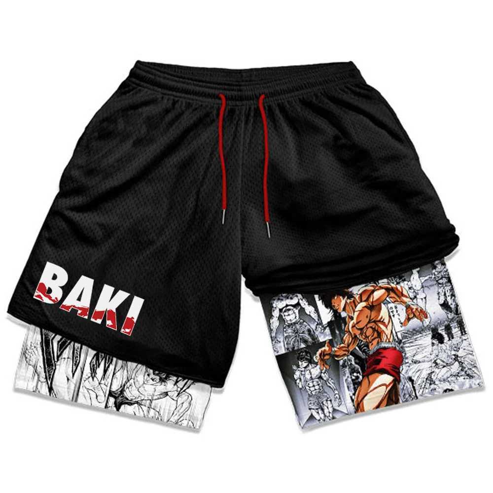 Baki Hanma Anime Gym Shorts Mens Manga 3D Printing 2-in-1 Performance Shorts for Exercise Fast Drying Exercise Compression Shorts SummerW240713