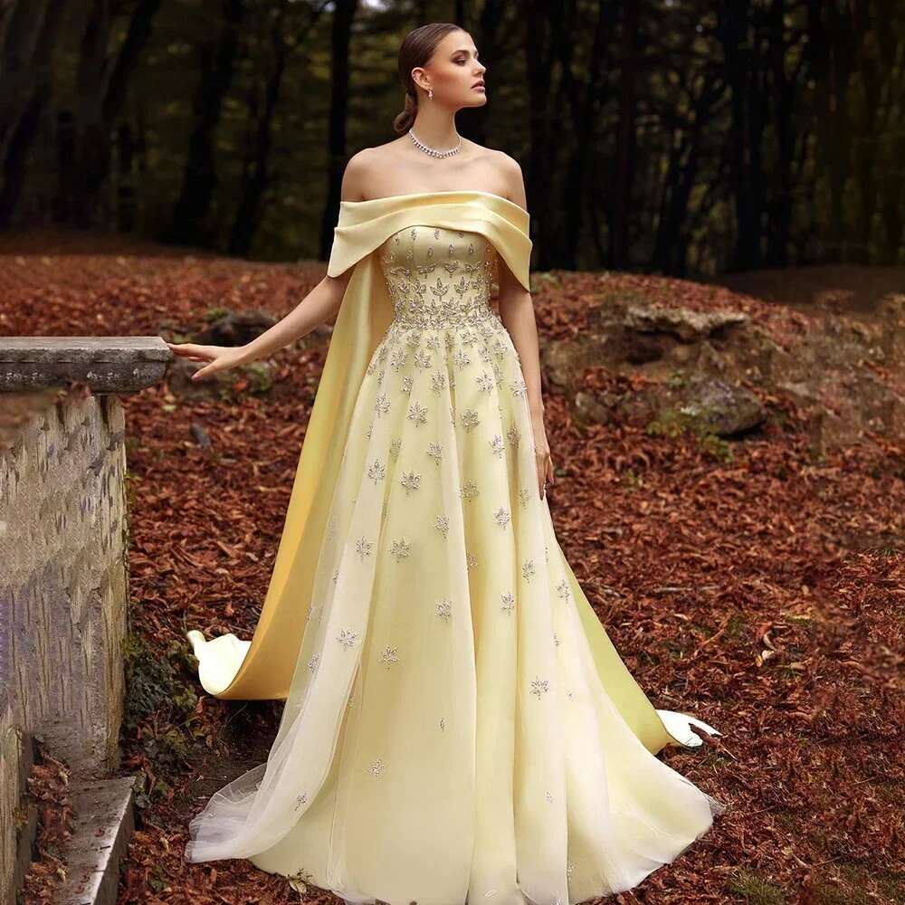 Wasisi Dubai Arabic Yellow Elegant Boat Neck Long Evening Dress Beaded Party Gown for Women's Wedding ELA72531