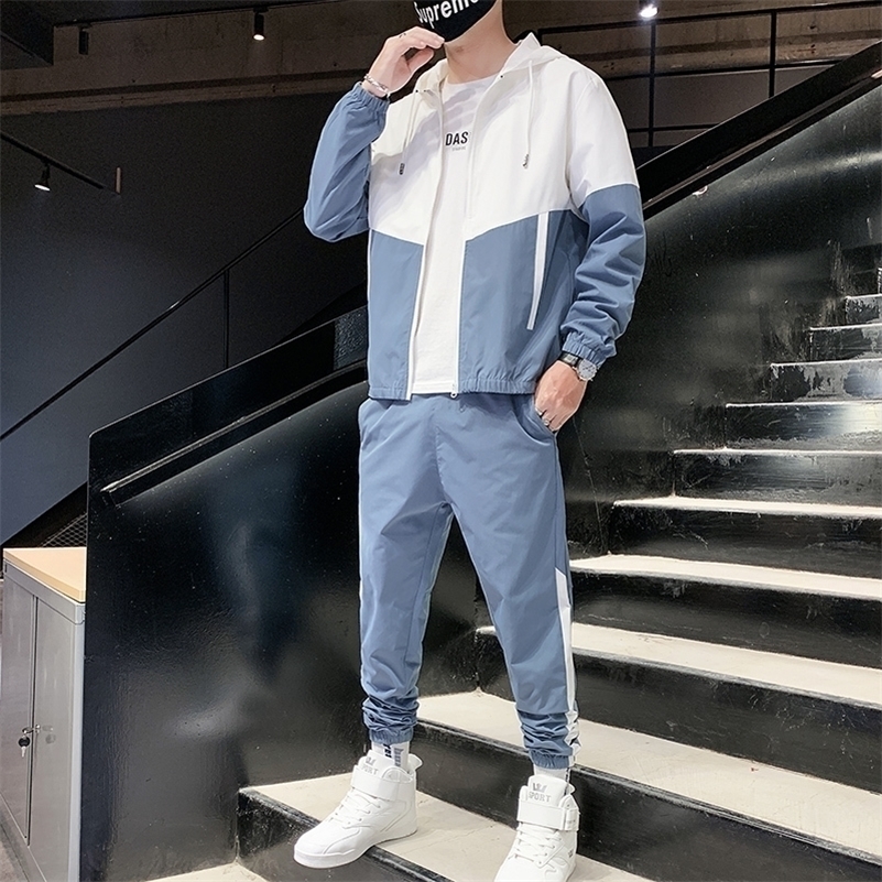 Patchwork Hip Hop Casual Mens Sets Korean Style 2 Piece Sets Clothes Men Streetwear Fitness Male Tracksuit 241007