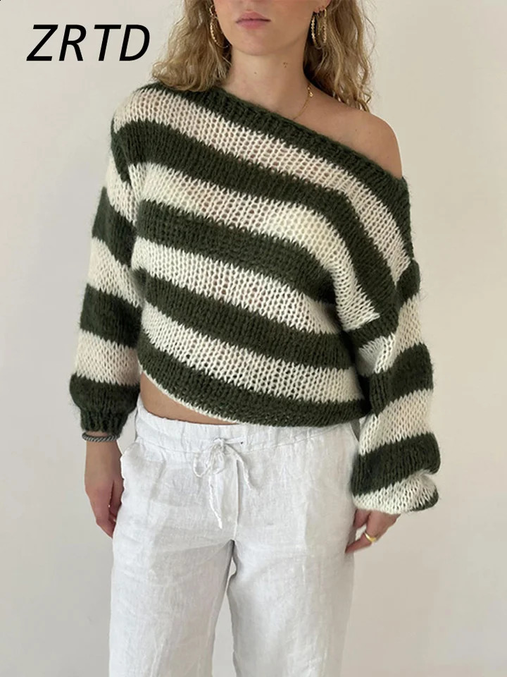 Knitted striped sweater on the shoulder womens loose casual sloping collar long sleeved womens pull-out autumn womens street skydiving 240927