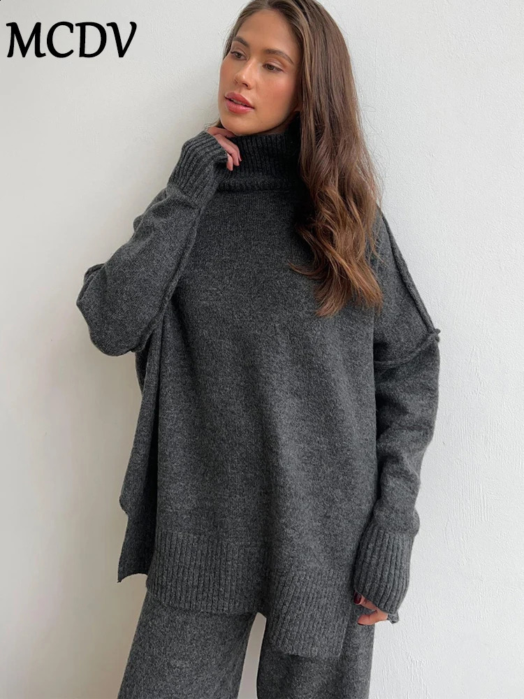 MCDV Autumn/Winter Knitted Two Piece Pants Set Womens Turtle Neck Loose Sweater Wide Leg Pants Matching Pajamas 241007