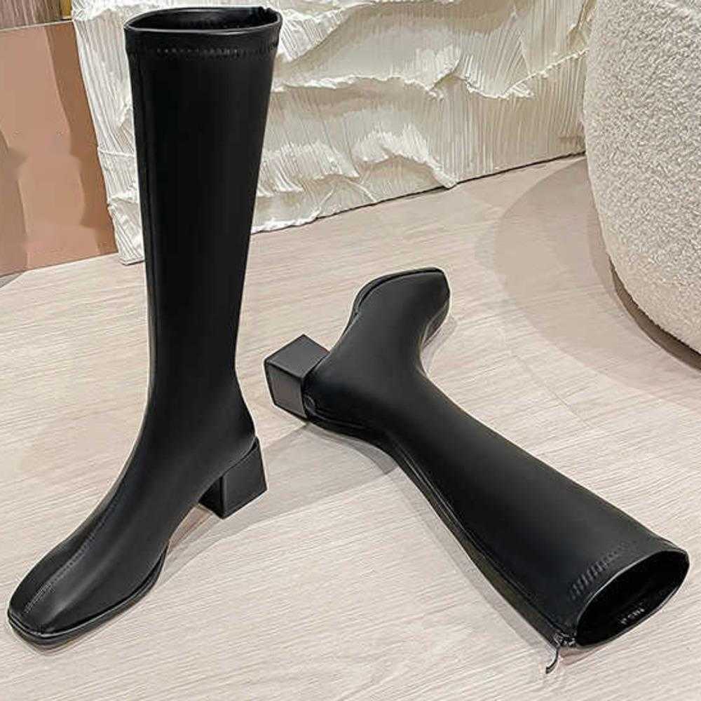 Leather Elastic Martin Boots For Women Square Toe Thick Heel Long Tube Boots For Women Zipper Back Slimmer The Knee Knight Boots 240826