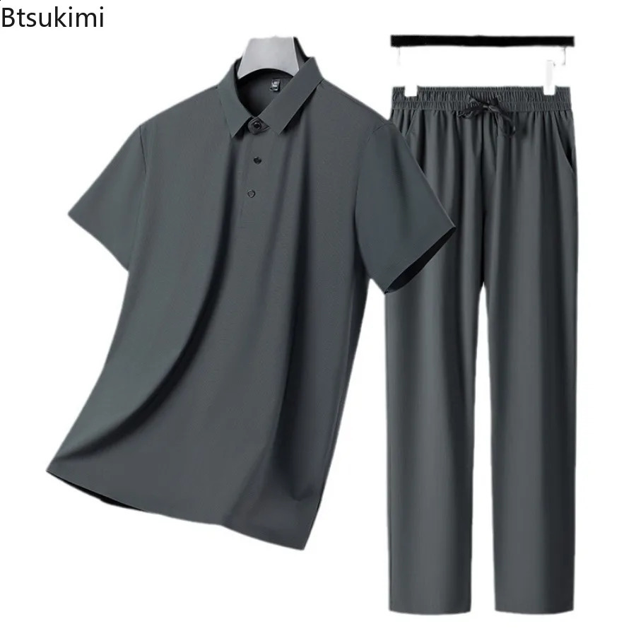 High quality mens casual suit summer cool breathable ice silk sportswear two-piece mens short sleeved polo shirtpants track suit 240930
