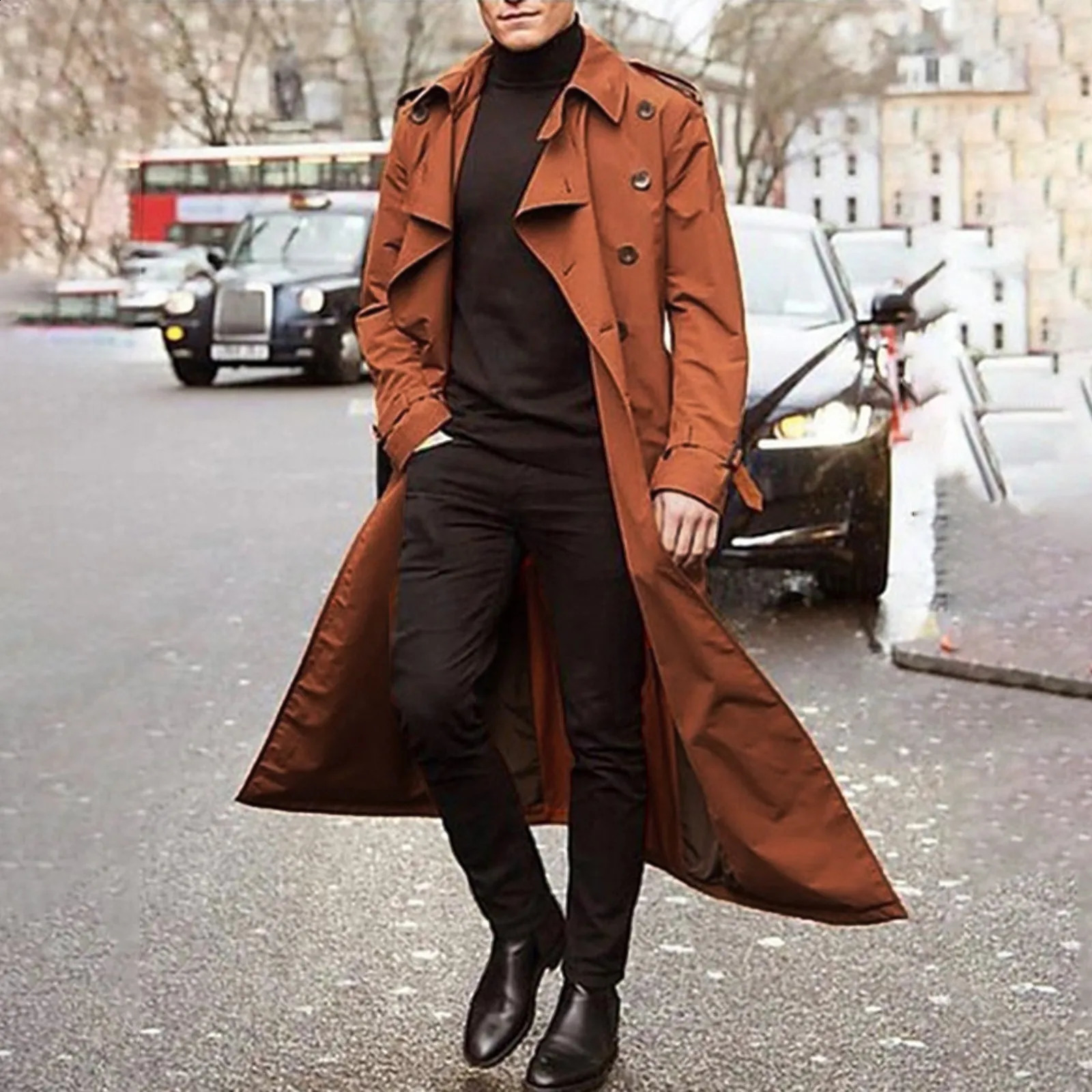 MenS Windbreaker Spring Autumn Long-Slevee Extra Long Trench Coat Classic Trend Double Breasted Solid Color Temperament Trench 241008