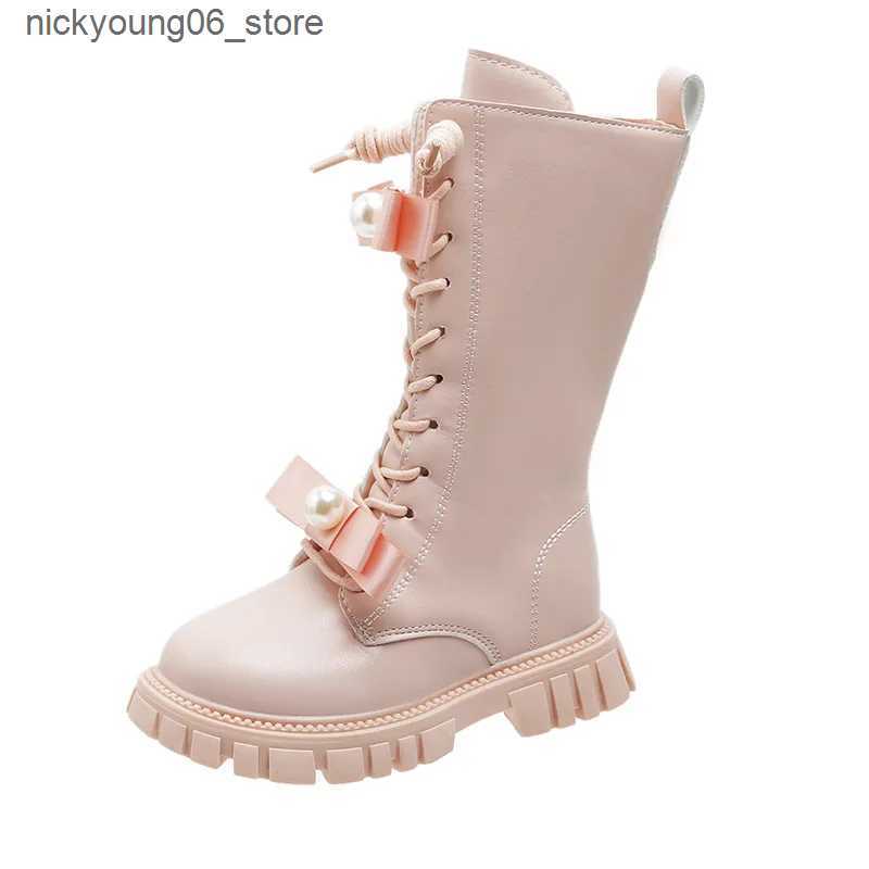 Boots Girls Boots Autumn Winter Warm Plush Princess Long Boots Fashion Pearl Bow Leather Boots Soft Bottom Anti Slip Kids Shoes Pink L240910