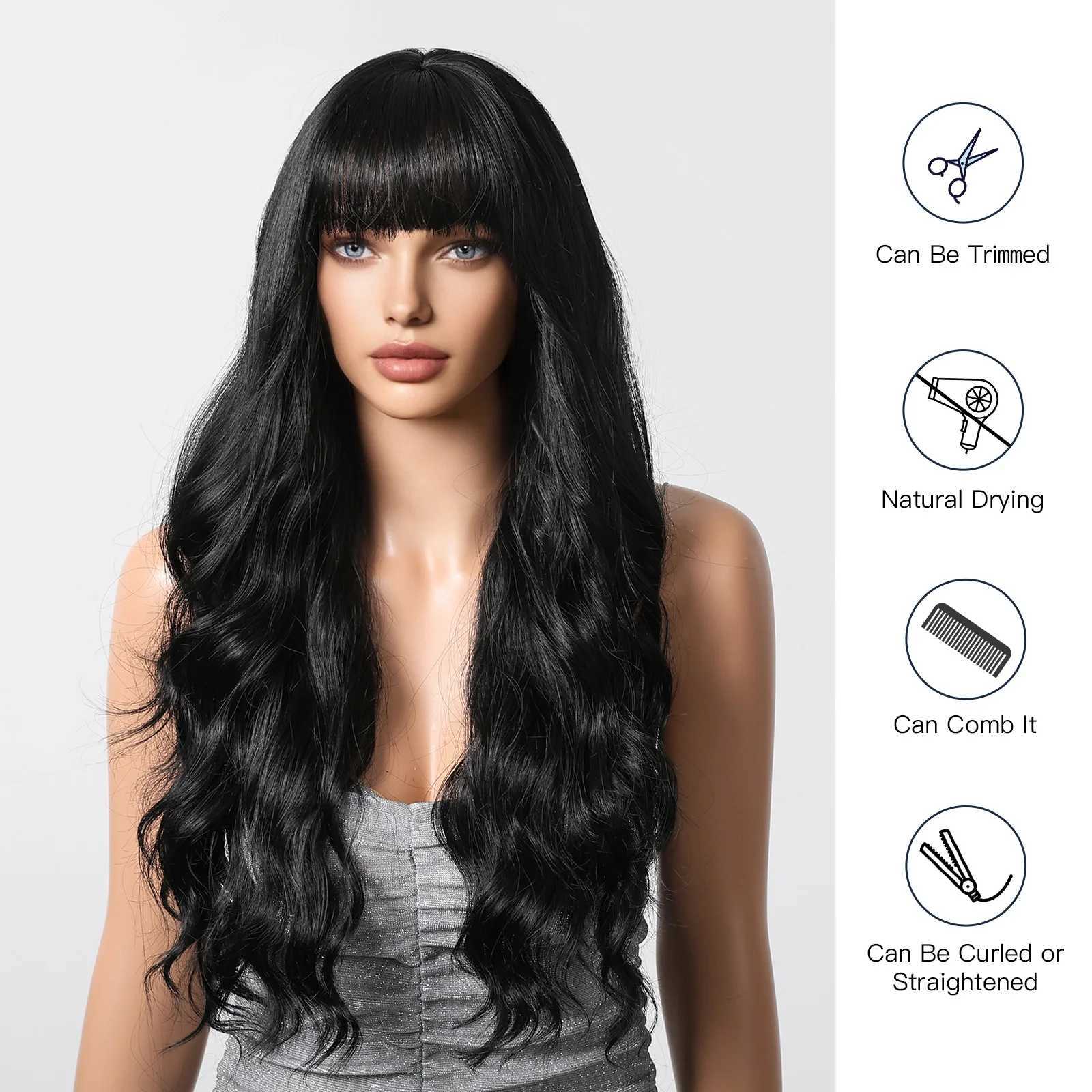 Black Brunette Wigs Long Curly Wavy Synthetic with Bangs Natural Party Daily Wig Hair for White Women Girls Heat Resistant FiberXJ241008