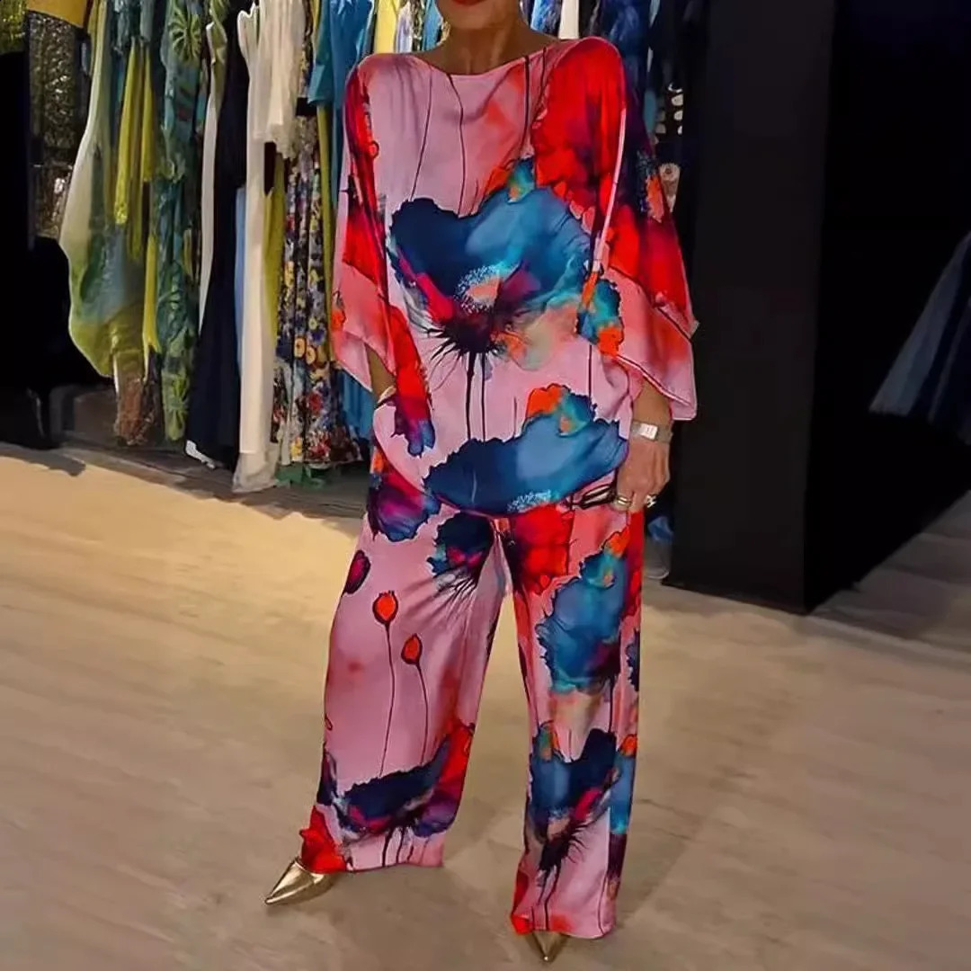 Printed womens 2piece loose bat sleeve top autumn and winter elegant matching set 241008