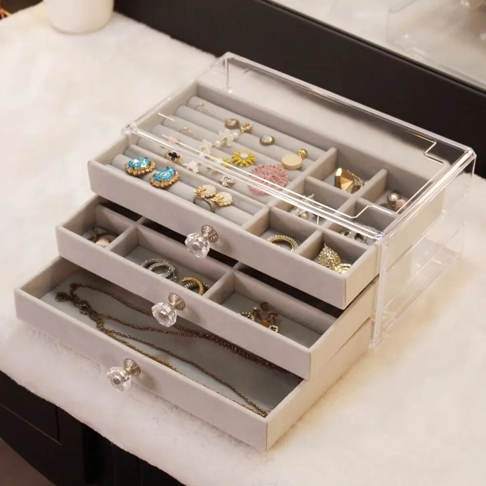 1 high-capacity three-layer flannel pearl treasure box drawer jewelry box storage earring necklace ring 240924