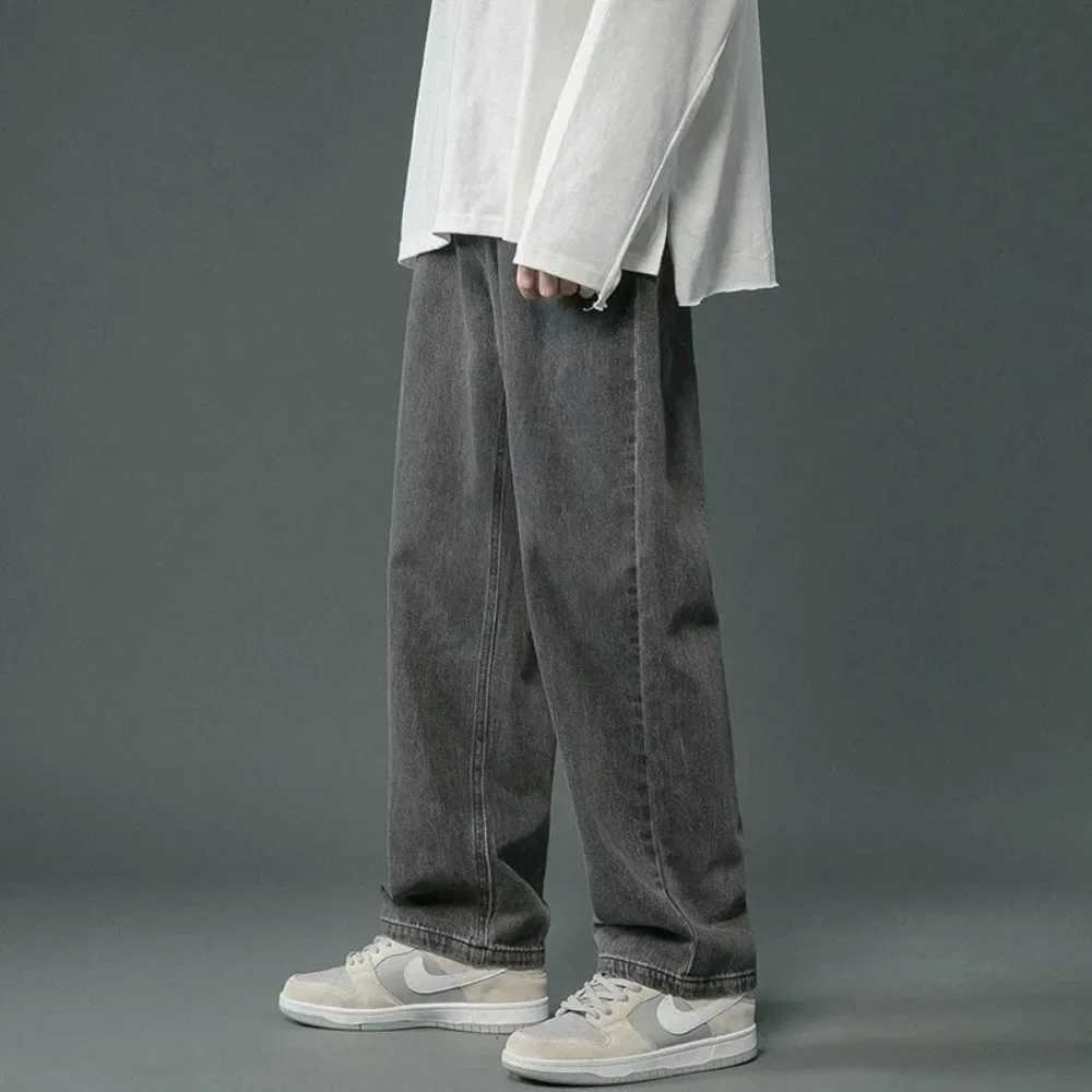 2024 New Hong Kong Style Solid Color Trendy Brand Loose Wide Leg Straight Pants Spring/Summer Retro Mens JeansW240715