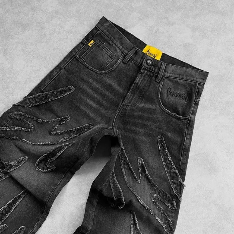 Baggy mens jeans Y2k hip-hop Distressed retro black pants oversized embroidered Harajuku Gothic wide leg Trouser streetwear 241008