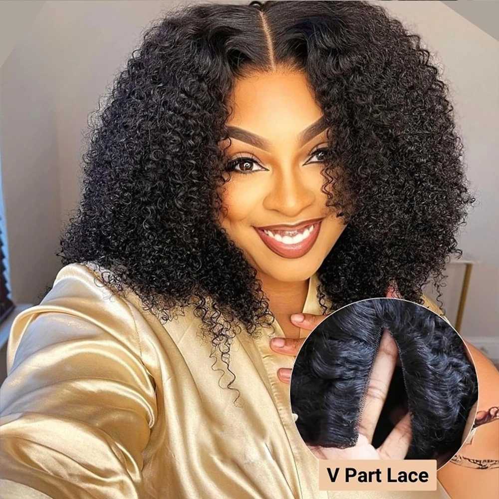 Kinky Curly V Part Wig Human Hair No Leave Out Thin Part Malaysian Hair Wigs for Women 180 Density Afro Curly V Part Wig 100%XJ241008