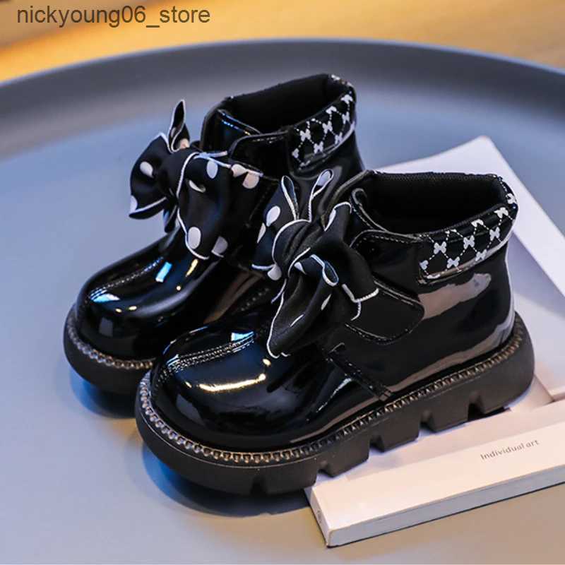 Boots Girls Ankle Boots Black White Versatile Princess Polka Dot Bow Kids Fashion Casual Short Boots Hook Loop Children Glossy Shoes L240910