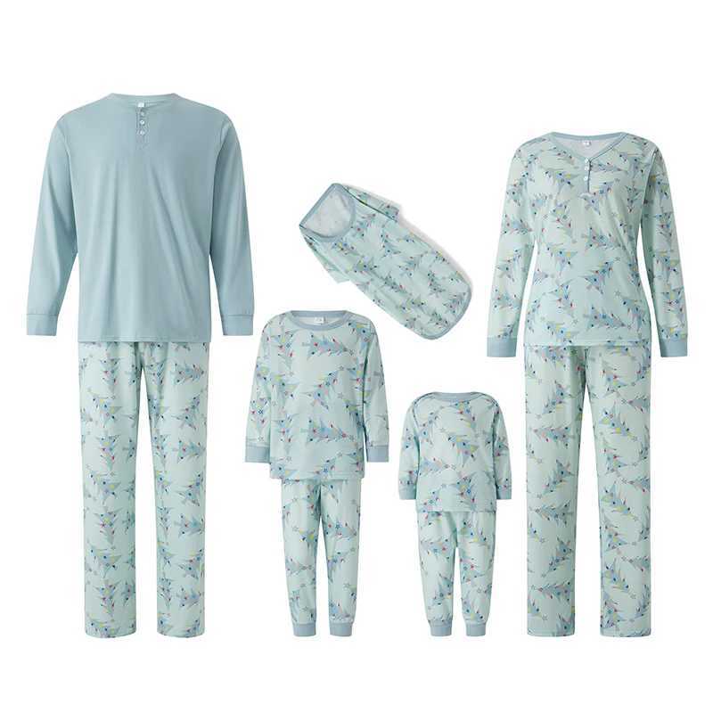 Family matching set Christmas pajamas Christmas tree print/solid long sleeved top+Trouser/jumpsuit/dog suit for parents and children W241008