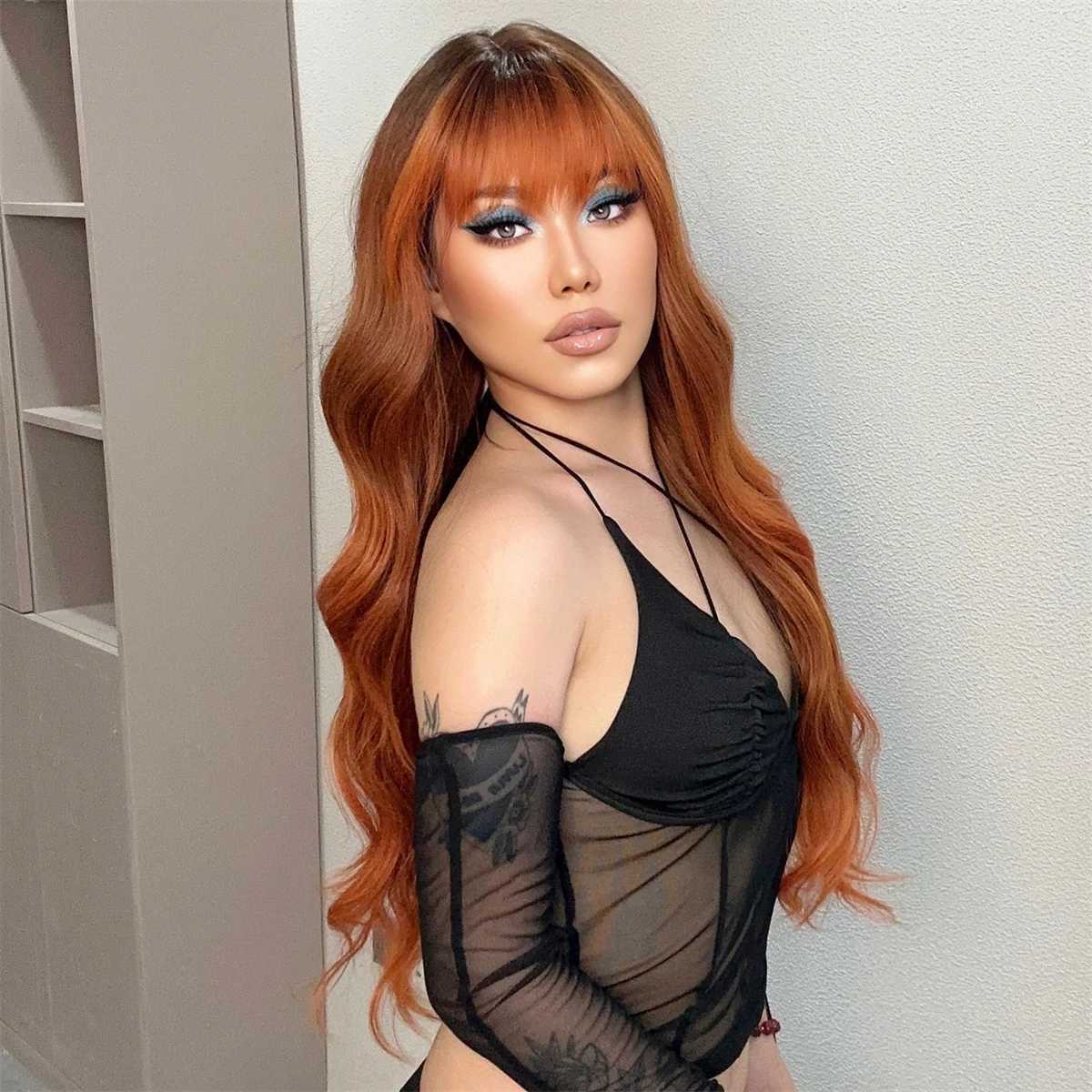 Ombre Red Brown Synthetic Wig with Bangs Long Wavy Copper Brown Women Wigs Natural Hair Cosplay Daily Use Wig Heat ResistantXJ241008