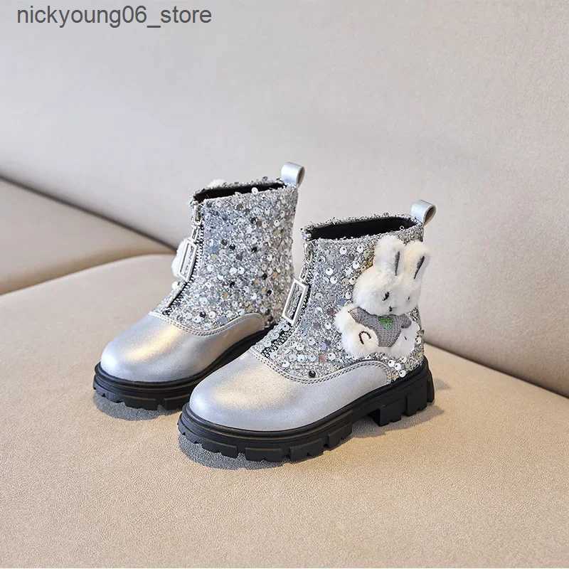 Boots 2024 Children Leather Shoes for Girls Autumn New Fashion Cute Rabbit Soft Anti-slippery Glitter Versatile Front Zip Short Boots L240910