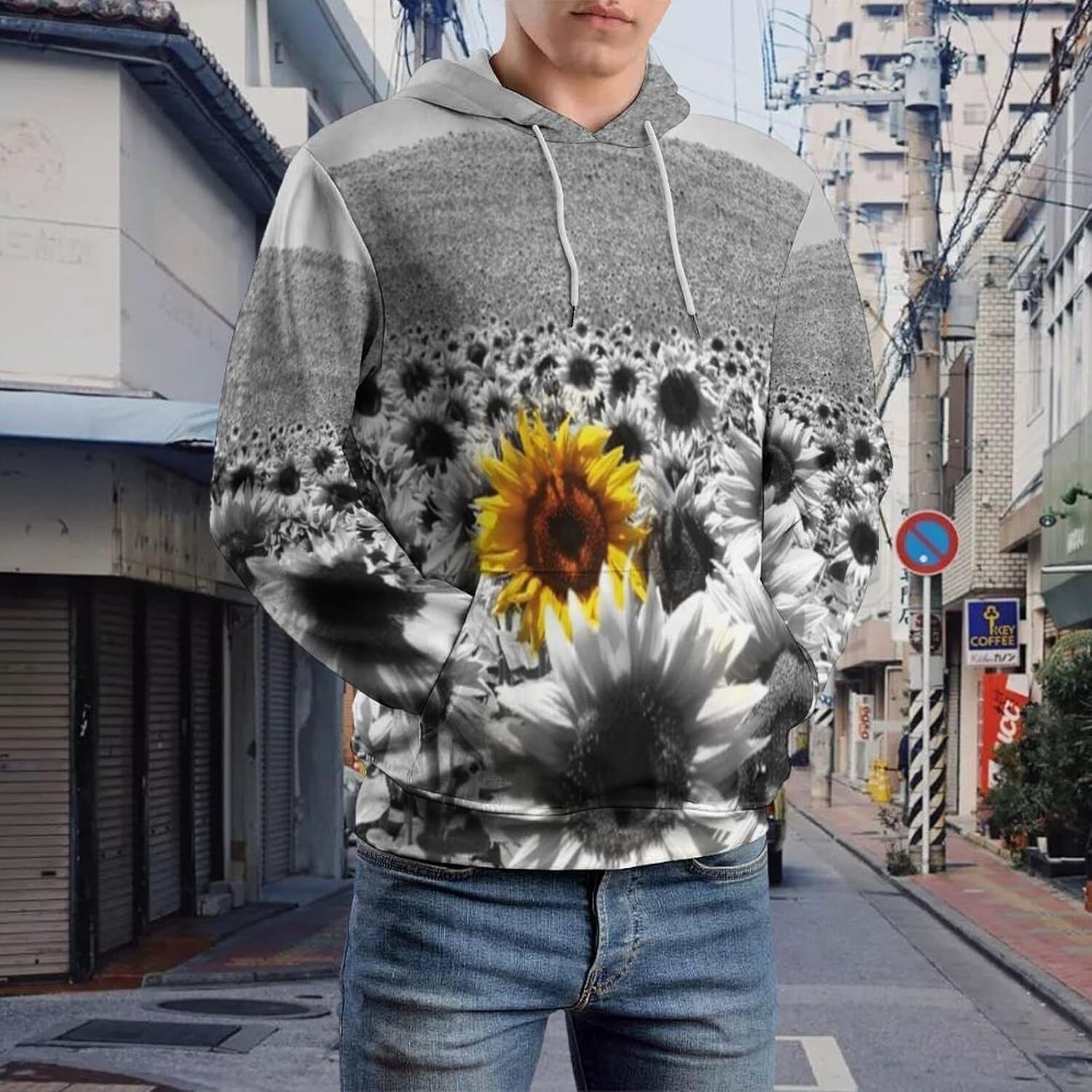Hoodie for Mens Womens Mens Unisex Novelty Hoodies Sunflower Field Black and White a Single Yellow Flower Individuality Graphic Hoodies sweatshirt coo