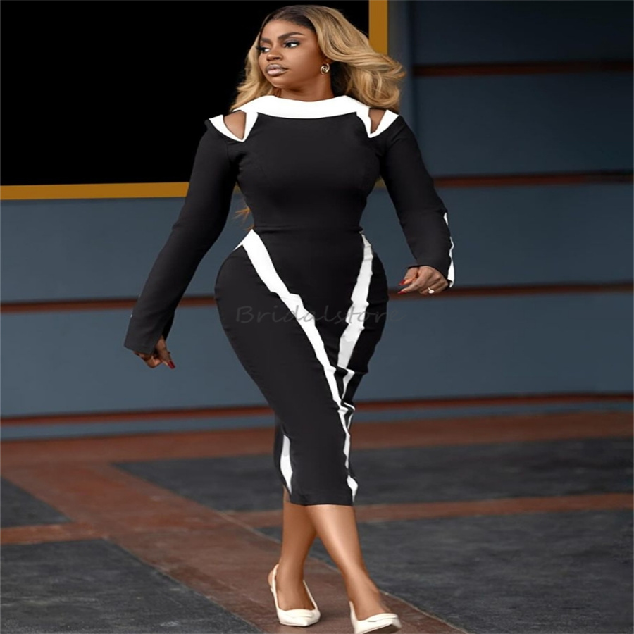Elegant African Black Girls Evening Dress O neck Long Sleeve Satin Short Prom Dresses 2025 Chic Mermaid Cocktail Party Dress Black And White Formal Oc