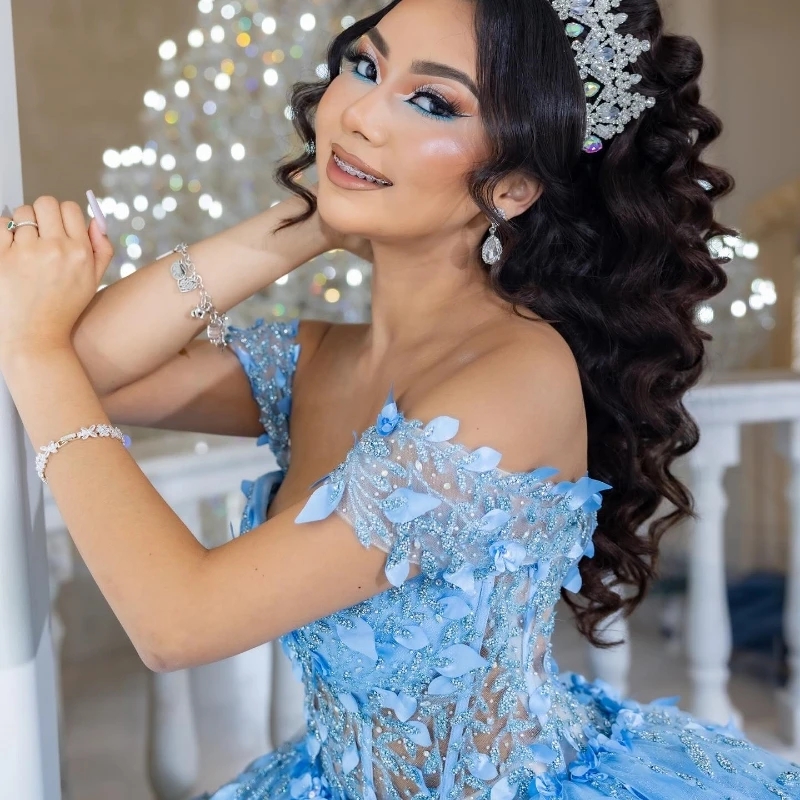 Sky Blue Shiny Princess Quinceanera Dresses Appliques Lace-up Corset Off Shoulder Party Birthday Vestidos De 15 Anos Sweet 16 Dress