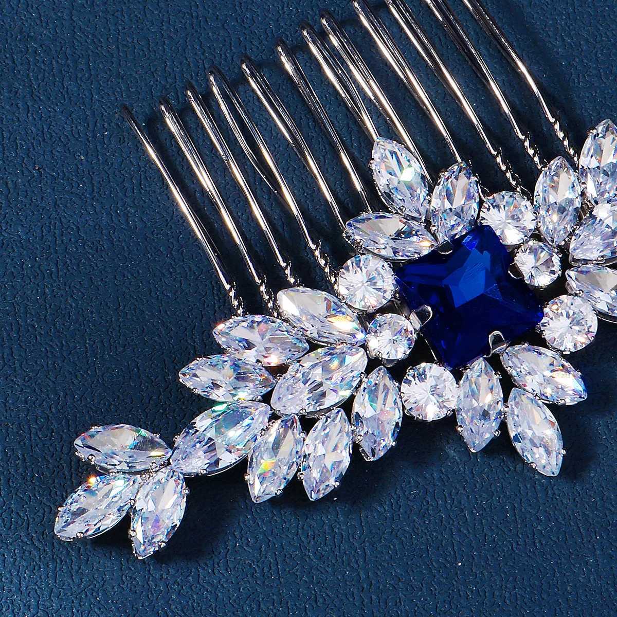 Luxury Silver Handmade Bridal Comb Blue Gemstone Crystal Set Bridal Wedding Plugin Comb Jewelry W241007