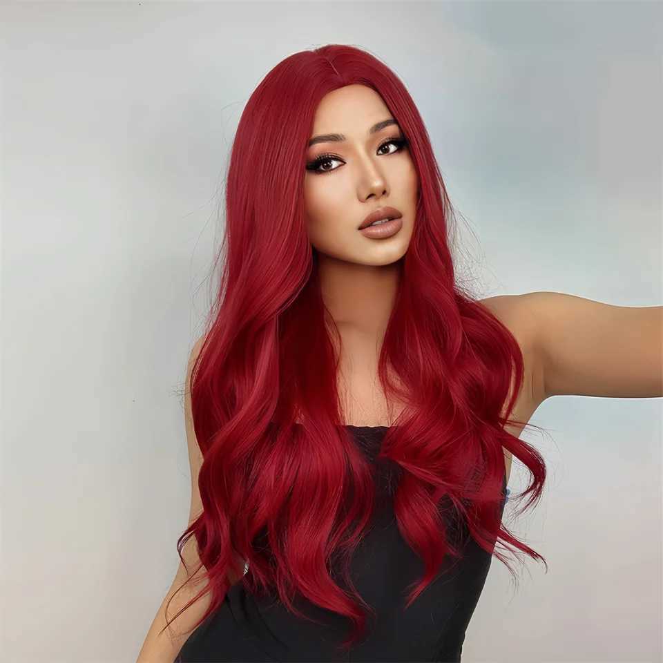 Fashion synthetic fiber wig womens big red medium part long curly hair big wave high temperature silk wig full head coverXJ241008