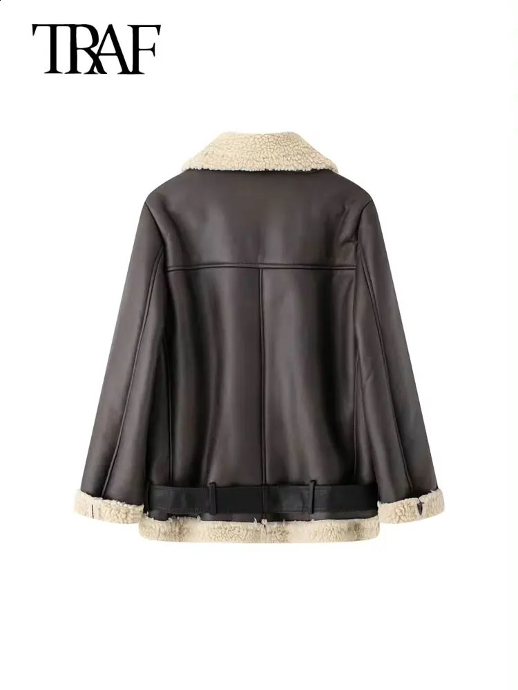 TRAF womens synthetic leather suede jacket with belt long sleeved jacket thick warm womens clothing fashionable top winter fashion 241007