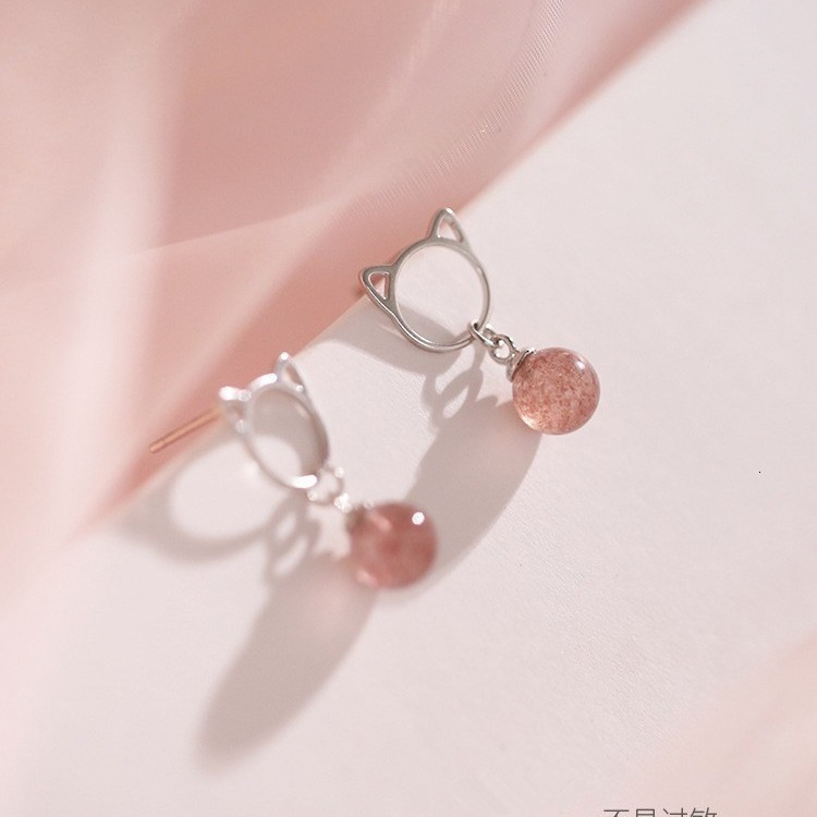 Cute Strawberry Pink Crystal Beads Cat S Sier Needle Earrings Female too
