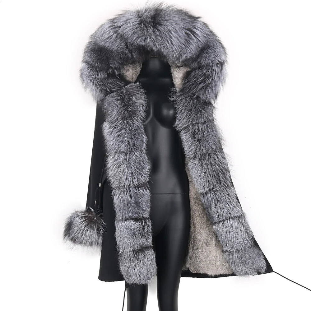 Real Fur Coat Natural Fox Collar Warm Big Outerwear Detachable Womens Long Parka Fashion Winter Jacket 240929