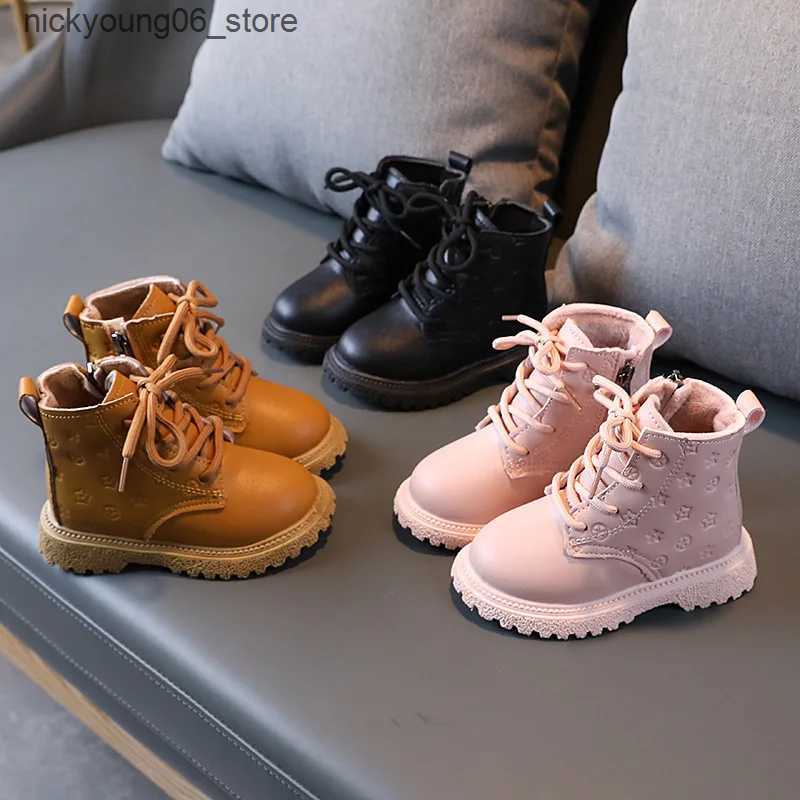 Boots Bota Infantil Girl Shoe High Top Kid Shoe2023winter Fashion Child Boot Boy Leather Shoe Allmatch Ankle Boot Warm Girl Boot Botas L240910