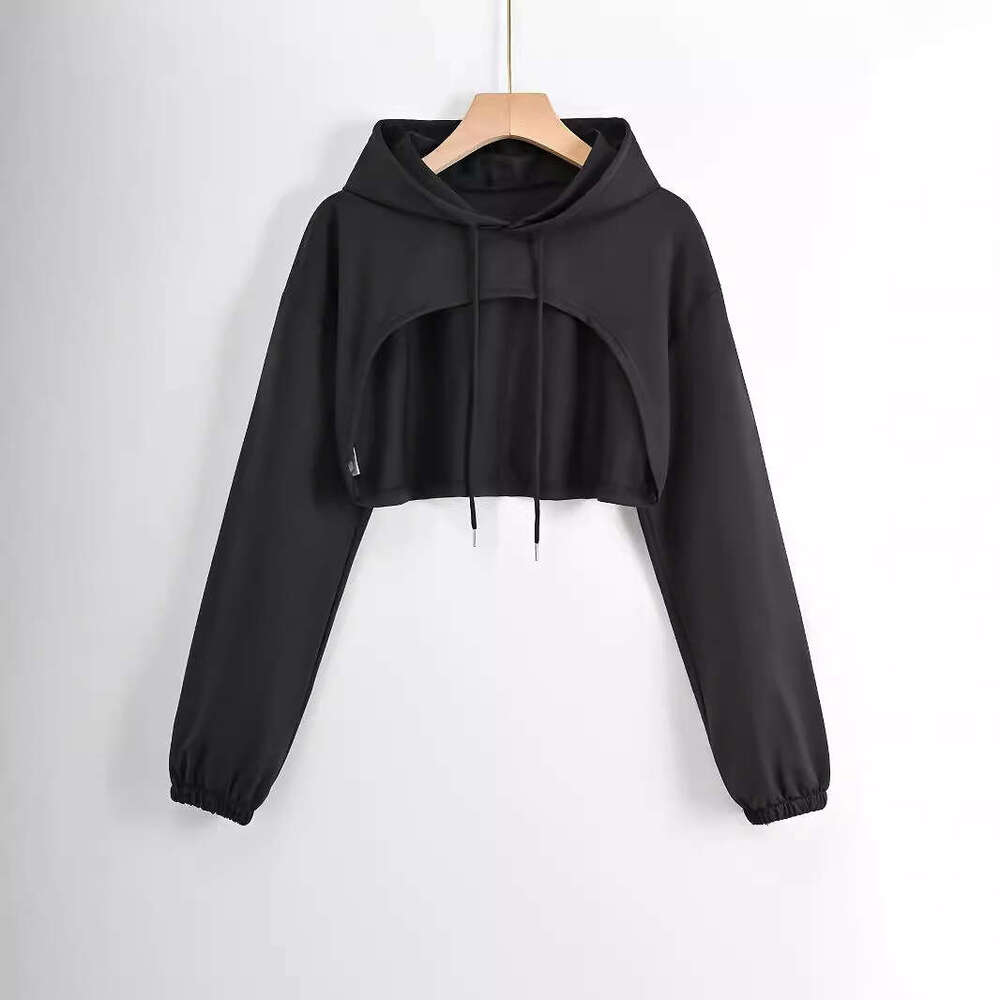 Warehouse thin fish scale fabric 280g hooded short style exposed belly button long sleeved jacket looped sweatshirt