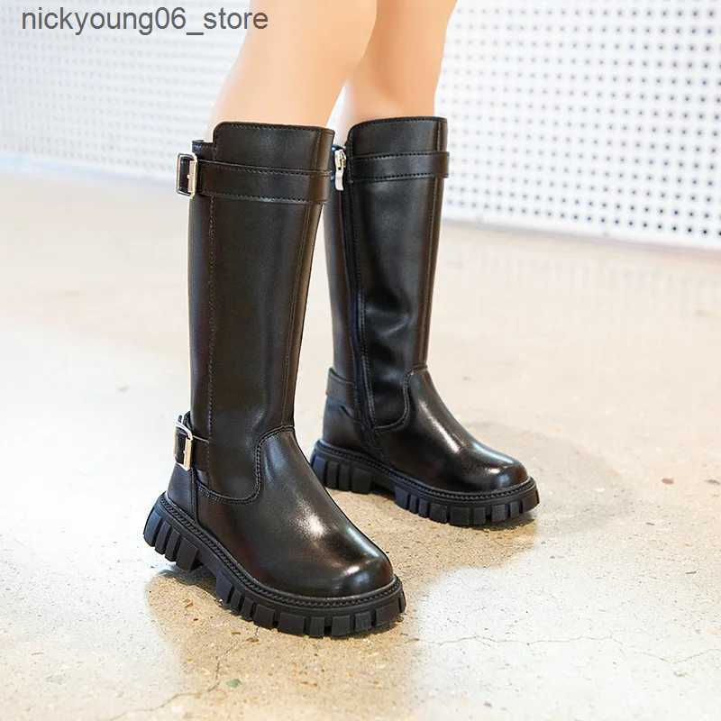 Boots Winter Childrens Boots Black School Girls Long High Boots Fashion Causal Warm Kids Cotton Boots Thick Bottom Mid-Calf Versatile L240910