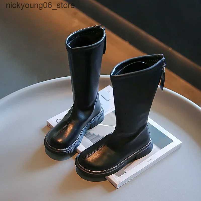 Boots Children Knee-high Boots for Girls Simple Classic Fashion Kids Leather Boots Back Zipper Long Motorcycle Winter New Rubber Boots L240910