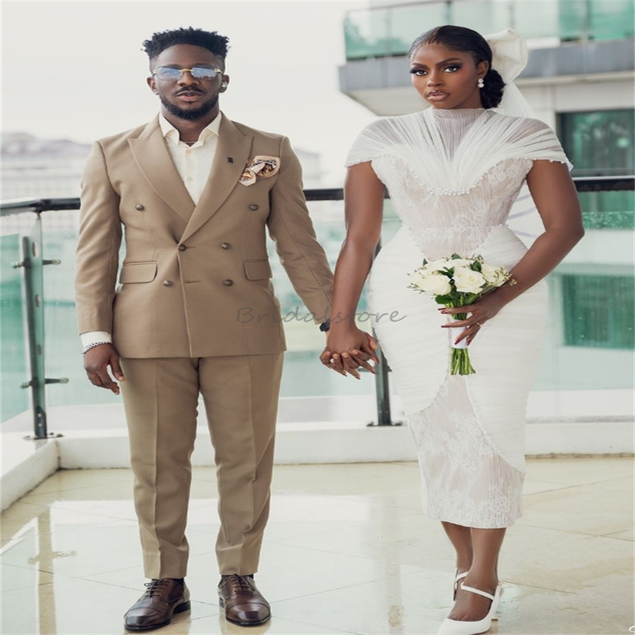 Uniques Nigeria African Wedding Dresses 2025 Cap Sleeve High Neck Tea Length Short Bridal Dress Beaded Lace Civil Bohemian Country Bride Dress vestido