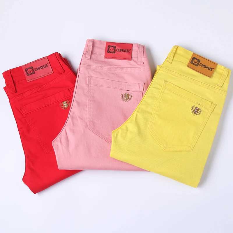 Mens casual elastic tight jeans new elastic yellow pink ultra-thin mens clothing solid color simple business denim TrouserW240715