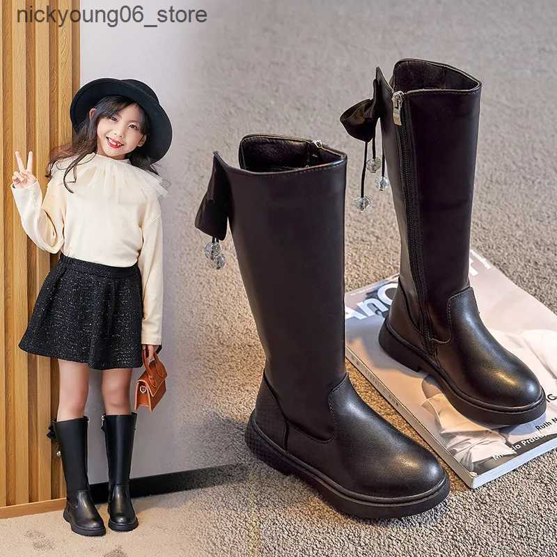 Boots Girls Shoes Ankle Boots Winter Childrens Shoe for Girl Plush Long Boots Show Bowtie Shoes Beaded Soft Soles Non Slip Kid Shoes L240910