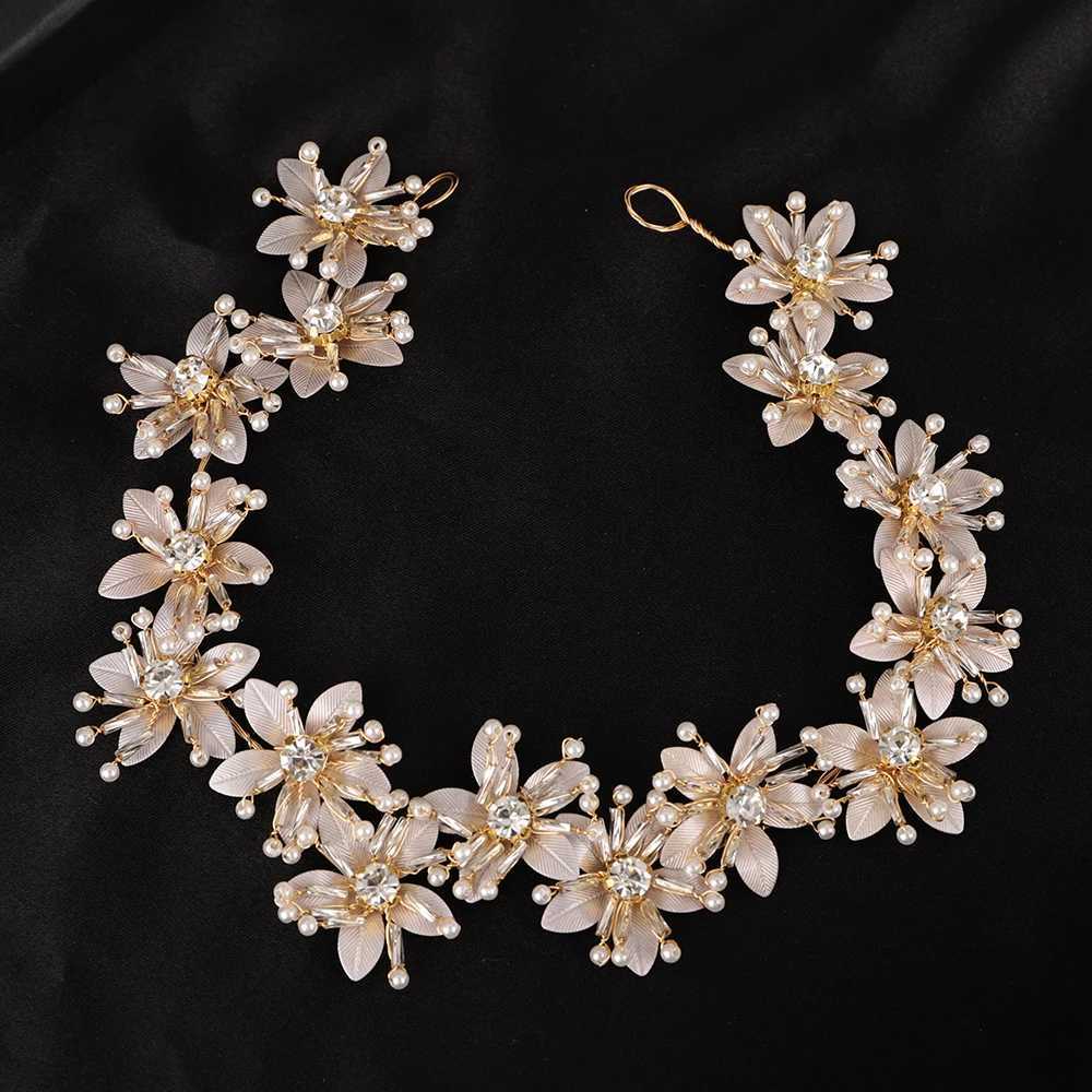 Flower Bridal Headband Water Diamond Pearl Handmade Wedding Bridal Hair Accessories Leaf Headwear for Women and Girls Tiaras W241007