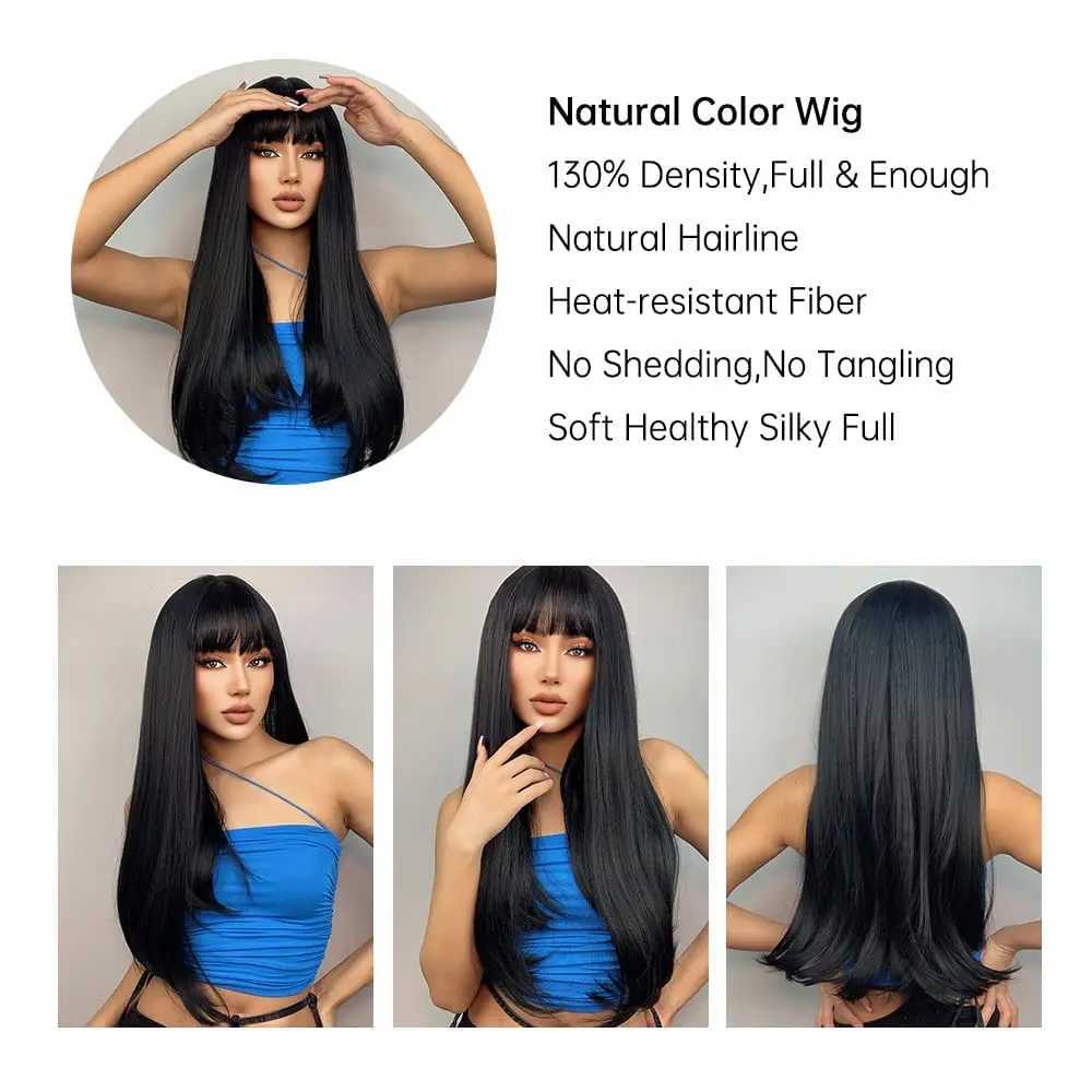 28-Inch Black Wig Long Straight Hair With Natural Fluffy Bangs Womens Synthetic Fiber Synthetic Everyday Party Cosplay WigXJ241008