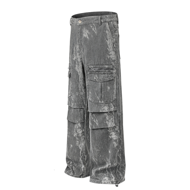 High Street Denim American Retro Tie Dye Cargo Pants Men Casual Straight Multi-Pockets Wide Leg Pant Hip Hop Trousers