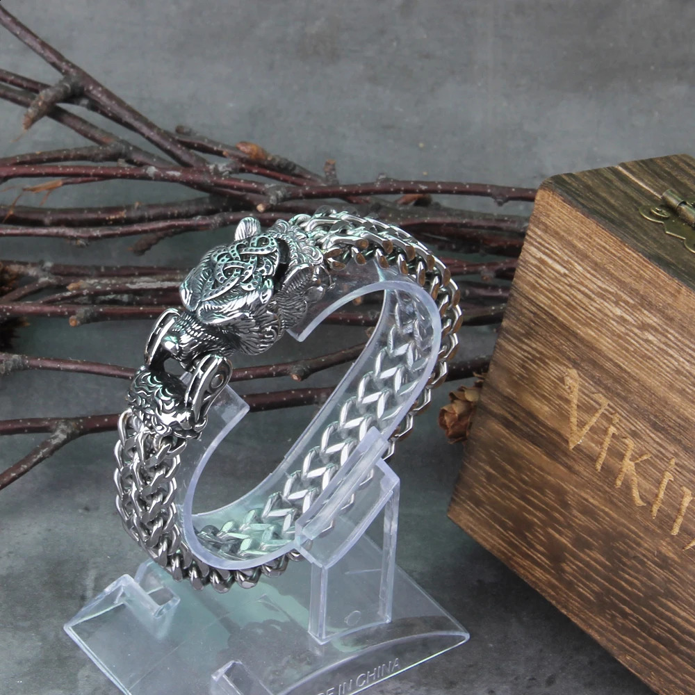 Never Fade Rock Viking Wolf Bracelet Mens Stainless Steel Mesh Chain Can Open Wolf Mouth Punk Bracelet Bicycle Jewelry 240925