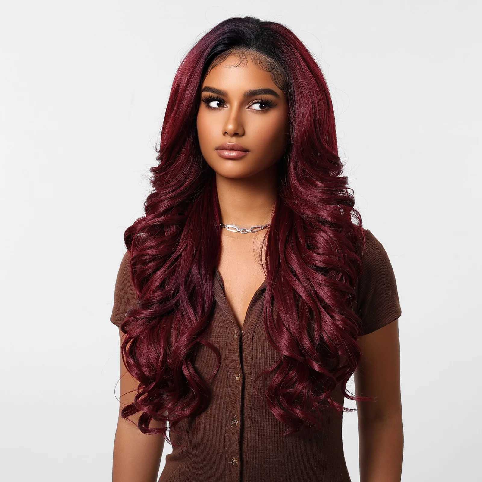 13x6 Lace Front Synthetic Wig Wine Red Burgundy Long Wavy Lace Wig for Black Women Natural Daily Cosplay Lace Wig Heat ResistantXJ241008