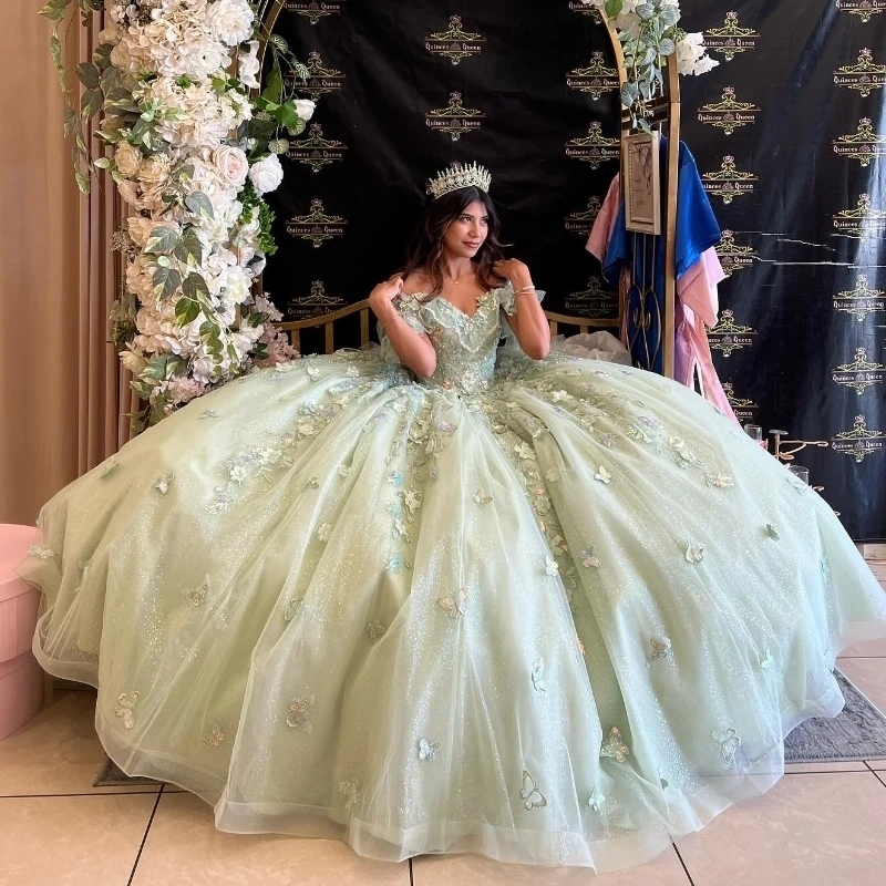 Sage Green Luxury Off The Shoulder Quinceanera Dresses Applique Lace Bow Tull Birthday Party Prom Vestidos De 15 Anos Ball Gowns Sweet 16 Dress