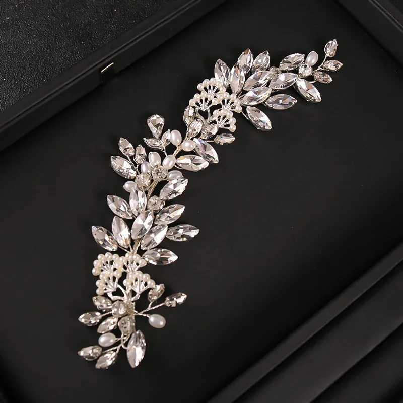 Silver Crystal Pearl Leaf Headband Hairband Female Bride Wedding Hair Accessories Jewelry Vine Headband W241007