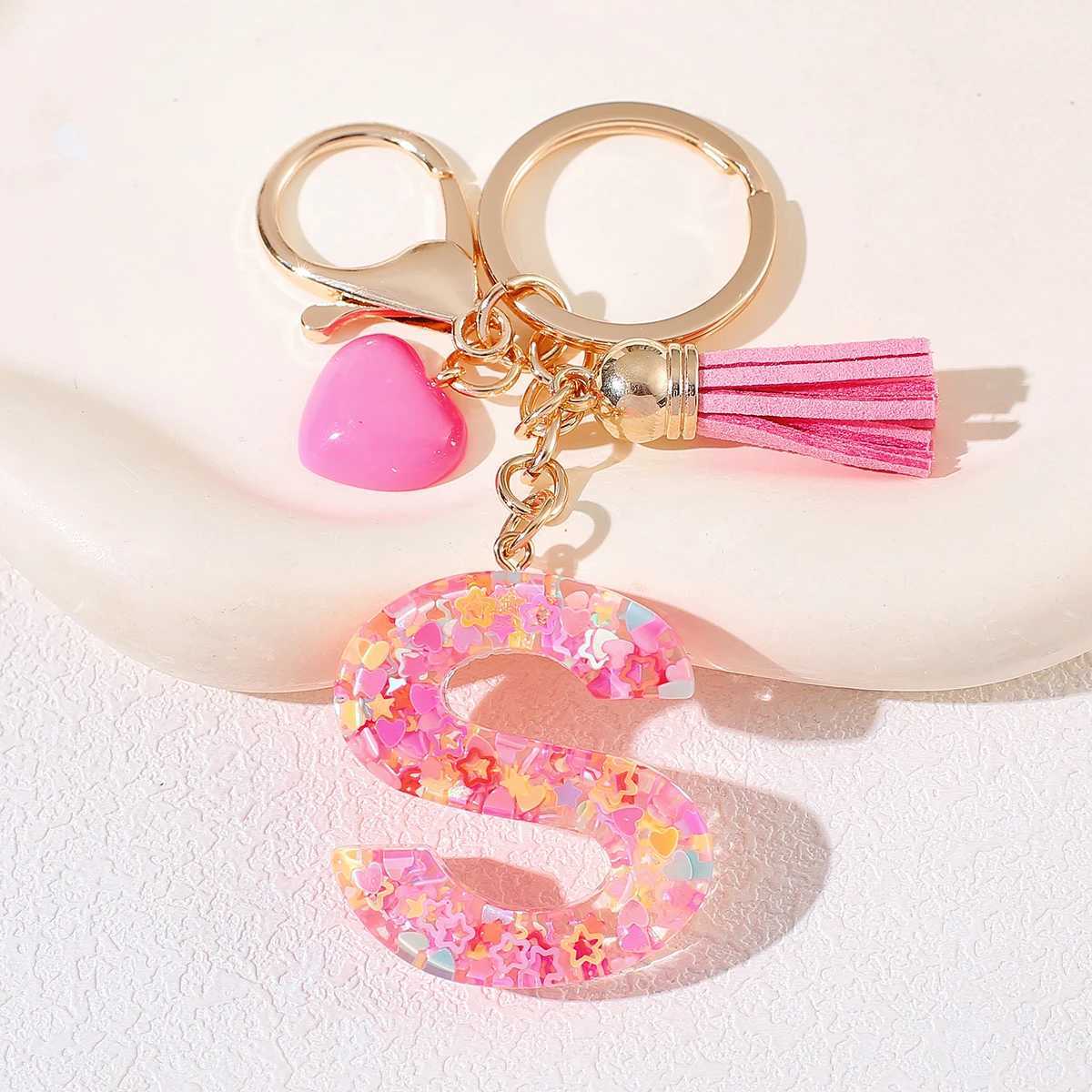 Pink English letter keychain with tassel Love keychain Crystal drop glue initial pendant girls backpack hanging holiday giftX241008