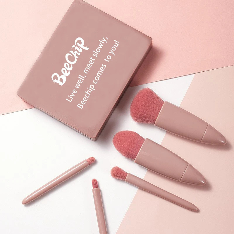 5-piece portable cosmetic brush travel with mirror box cosmetic brush set loose brush powder blusher brush eye shadow brush 241008