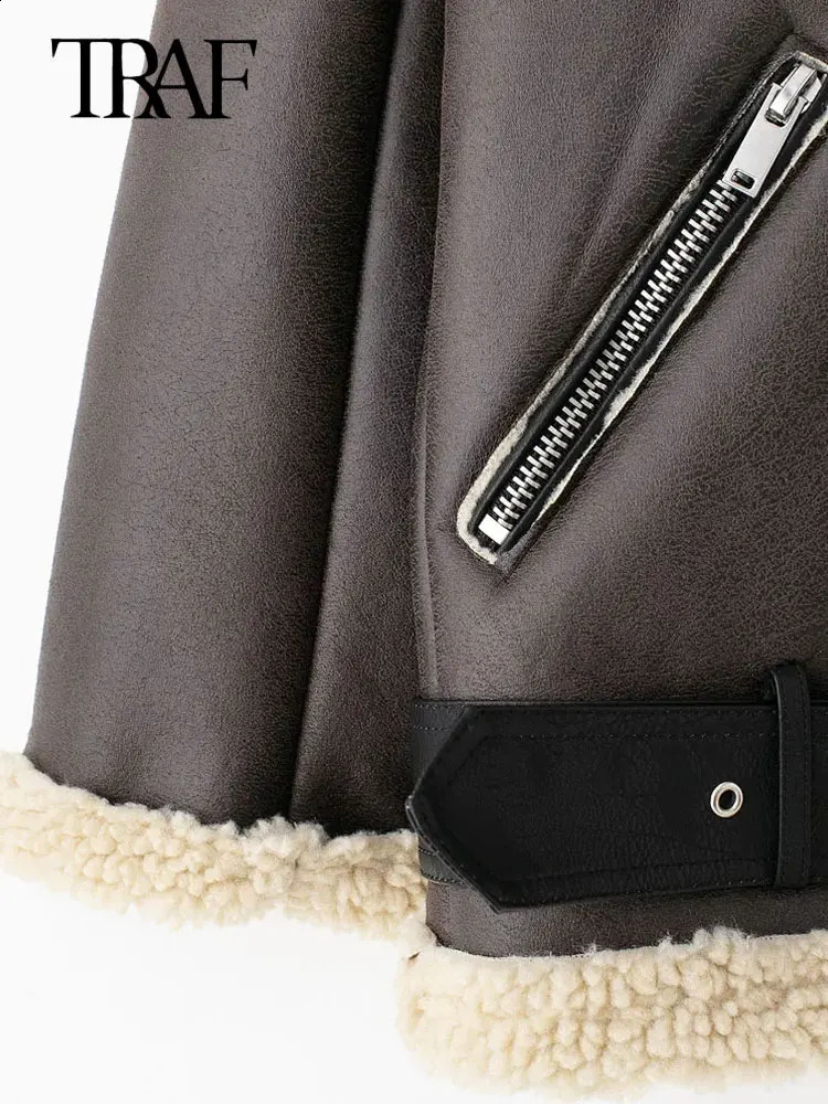 TRAF womens synthetic leather suede jacket with belt long sleeved jacket thick warm womens clothing fashionable top winter fashion 241007