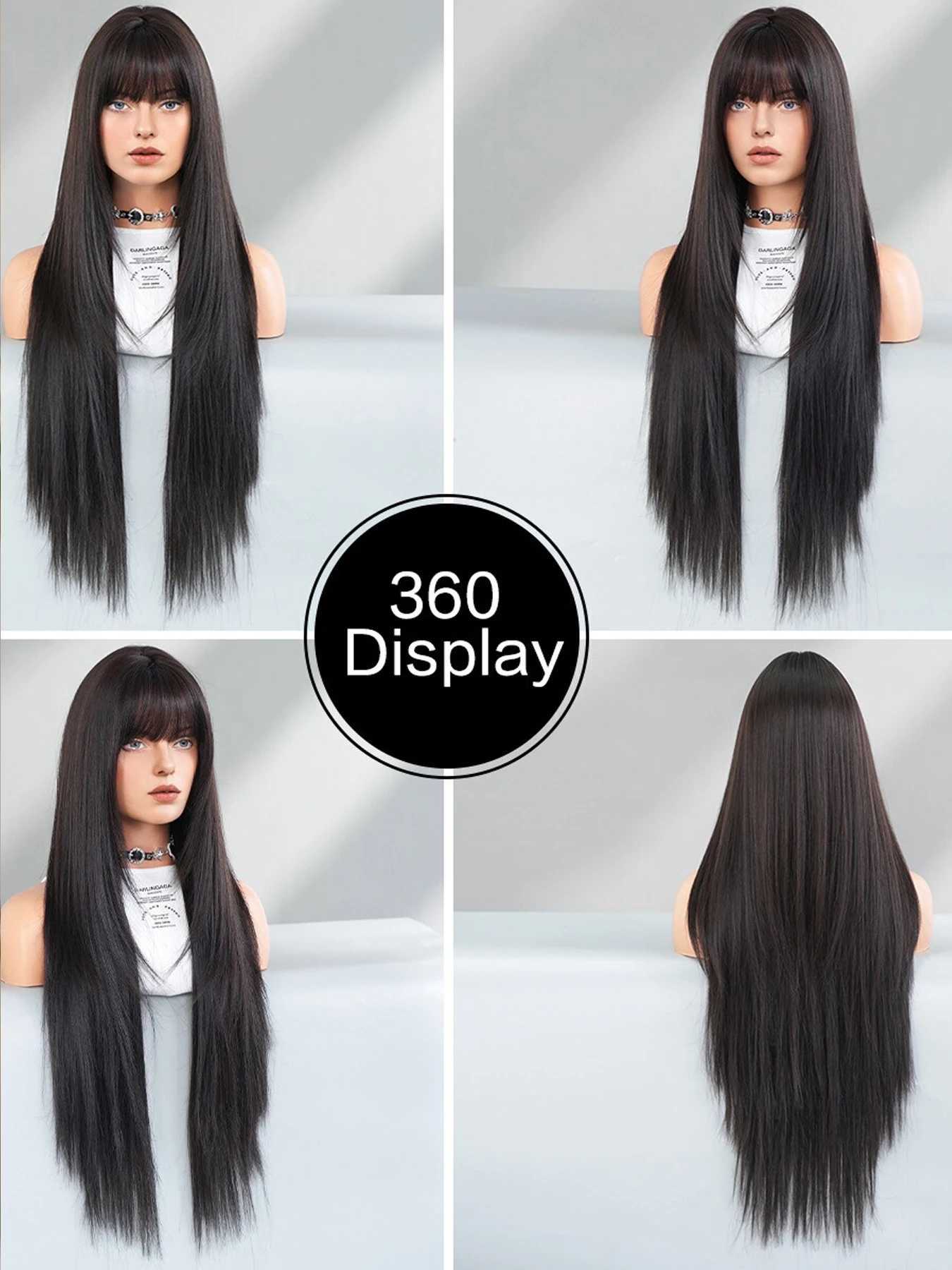 Long Silky Straight Synthetic Wigs with Bangs Black Cosplay Party Lolita Hair Wigs for Women Natural Heat Resistant WigXJ241008